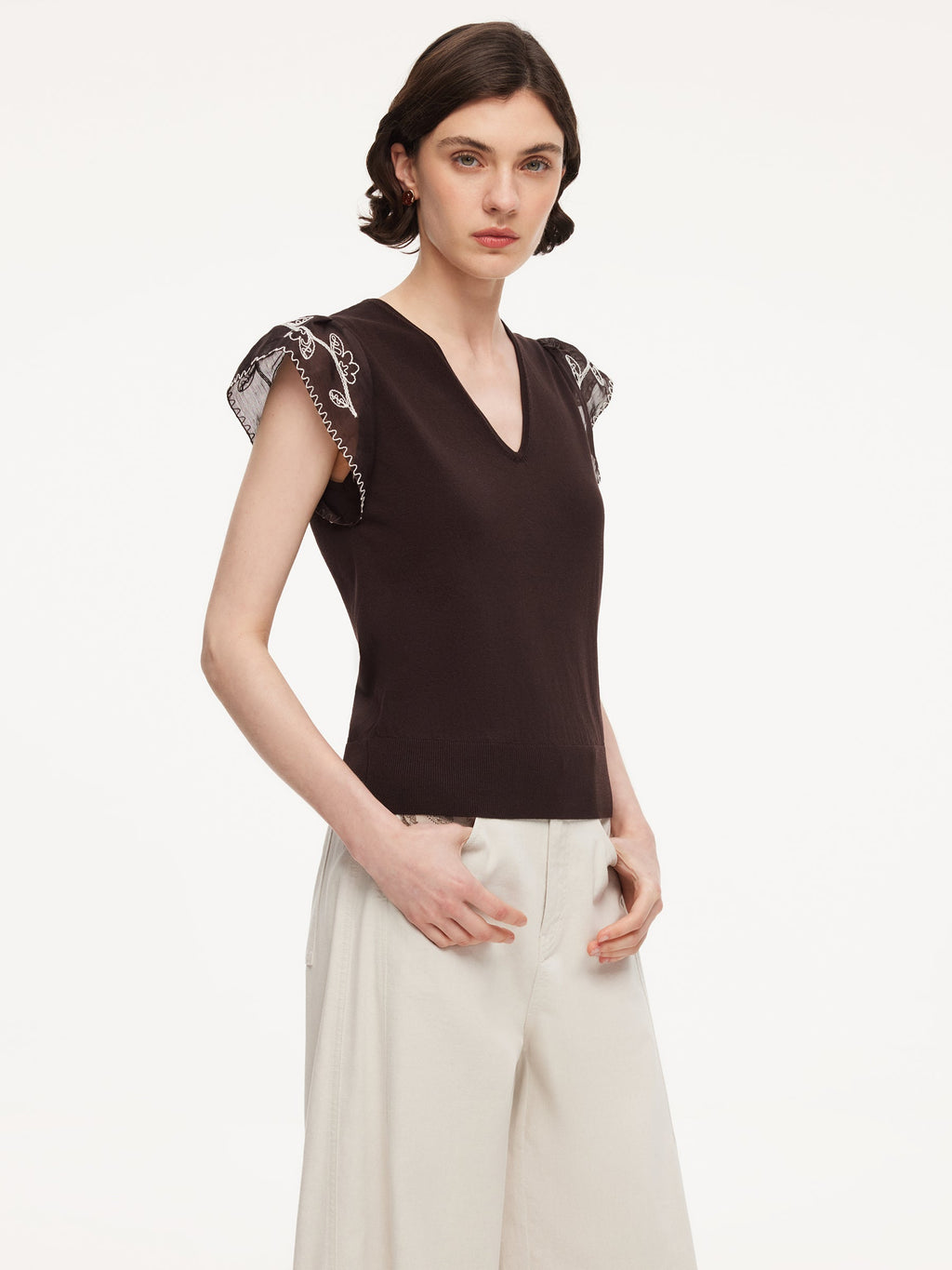 Tencel V-Neck Embroidered Crop
