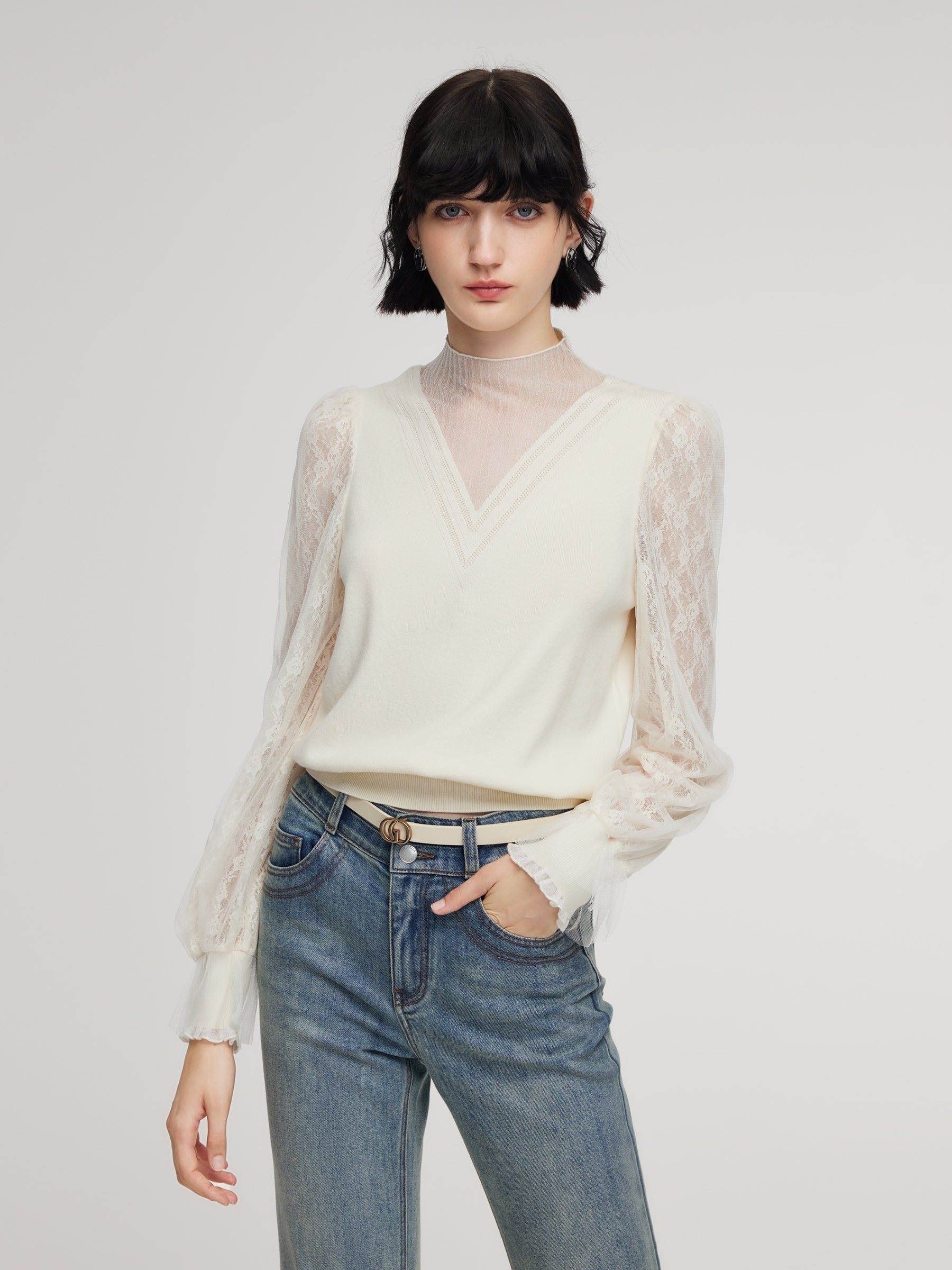 Tencel Wool Lace Patchwork Top