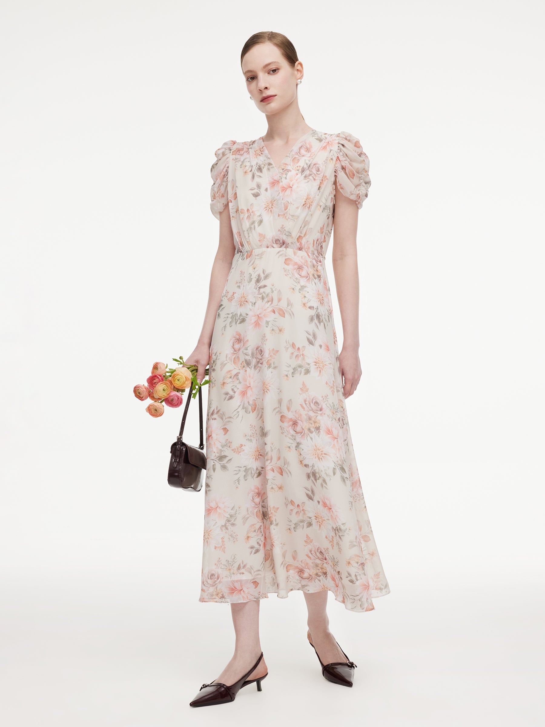 Crossover Neck Puff Sleeve Dress