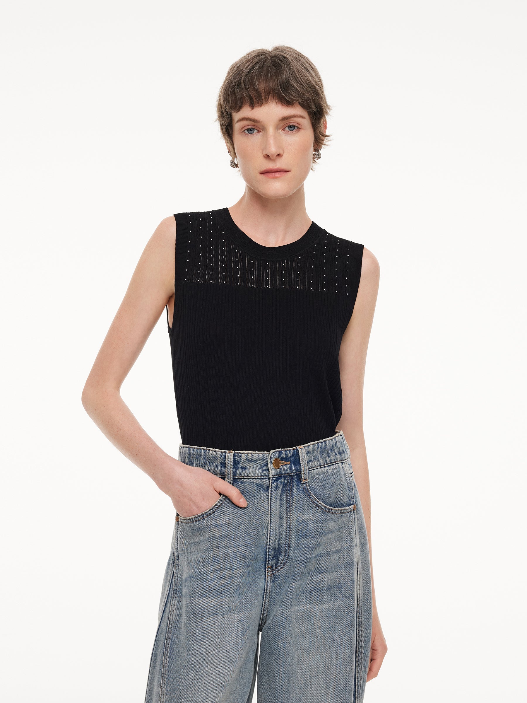 Lyocell Rhinestone Crew Neck