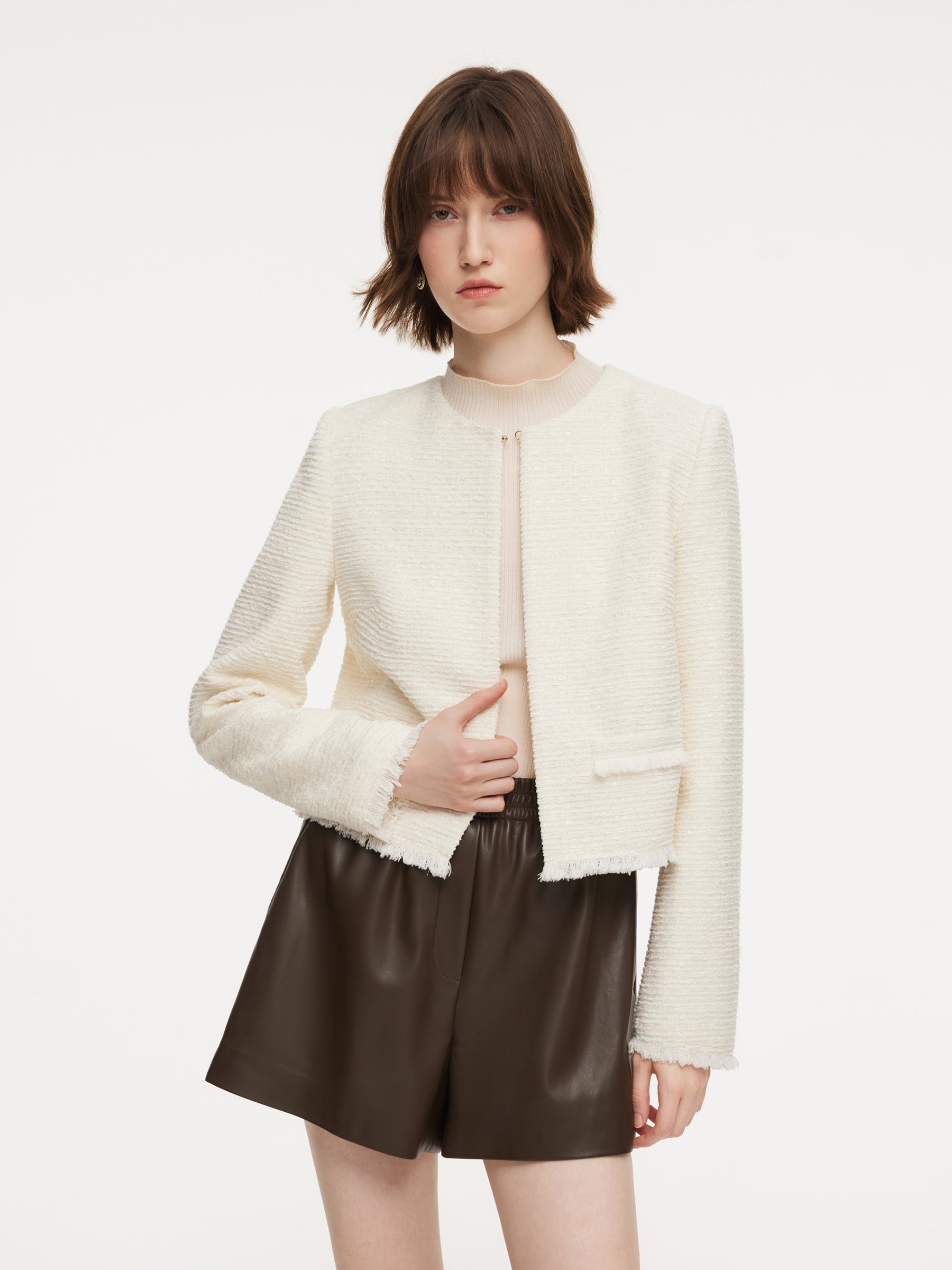 Frayed Hem Round Neck Jacket