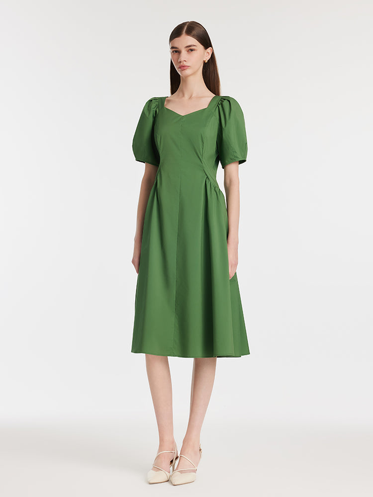 Cinched Puff Sleeve Green Dress