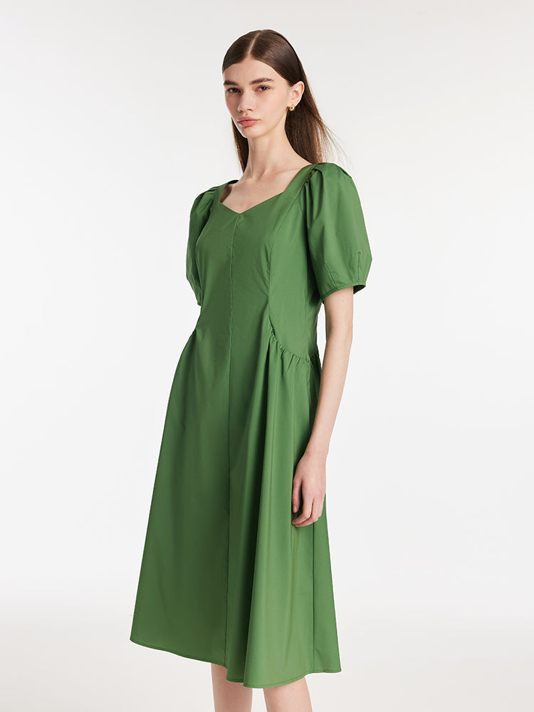 Cinched Puff Sleeve Green Dress