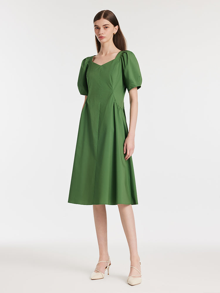 Cinched Puff Sleeve Green Dress
