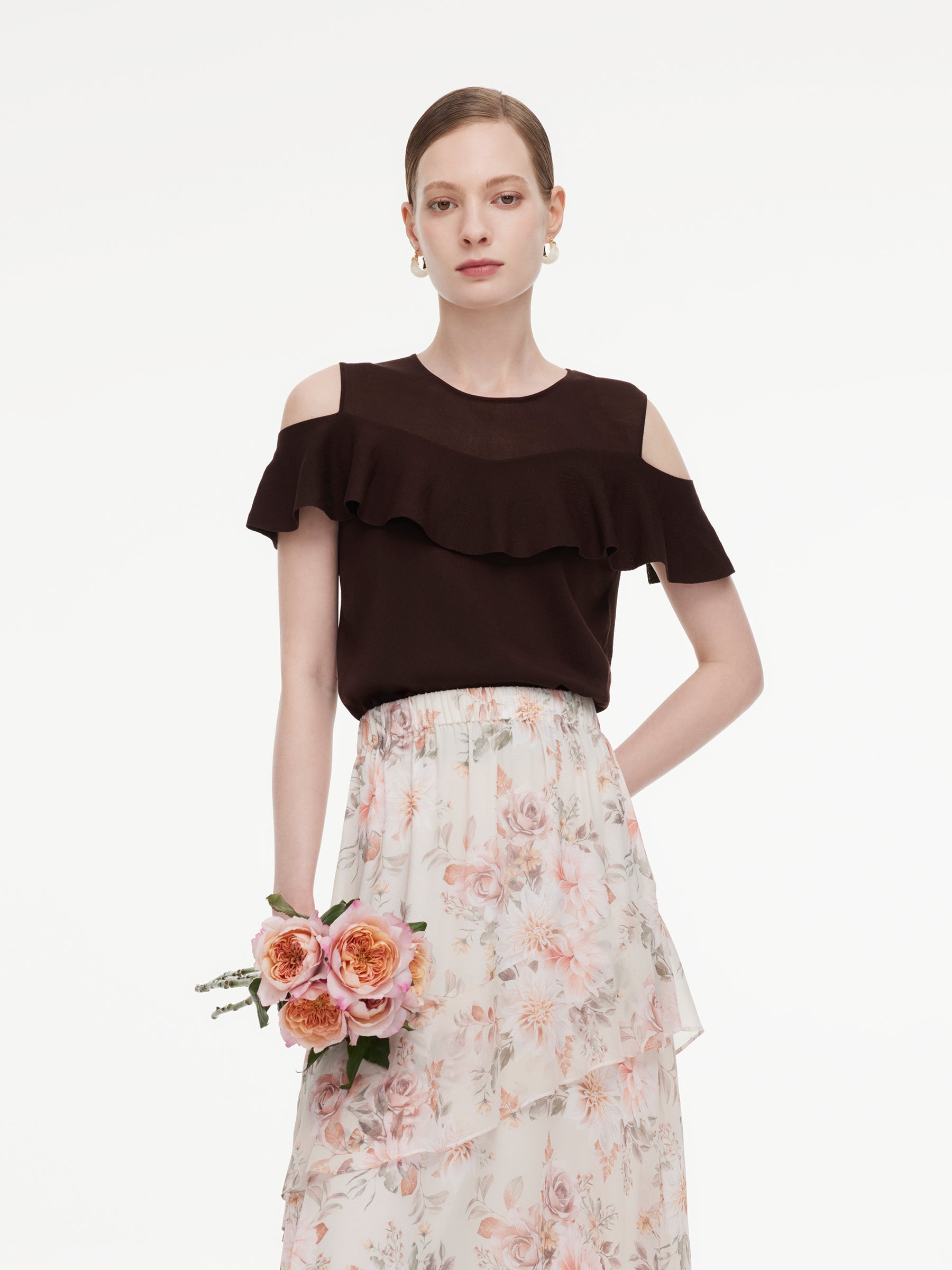 Tencel Cold-Shoulder Ruffle Top