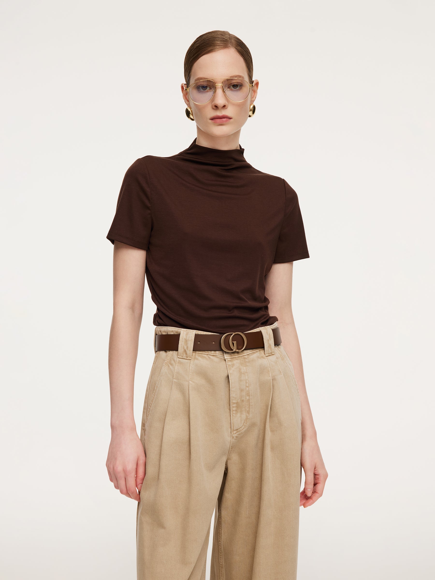 Tencel Mock Neck Ruched Top