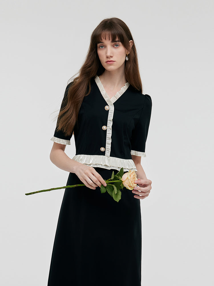 Ruffle Patchwork H-Line Midi Dress