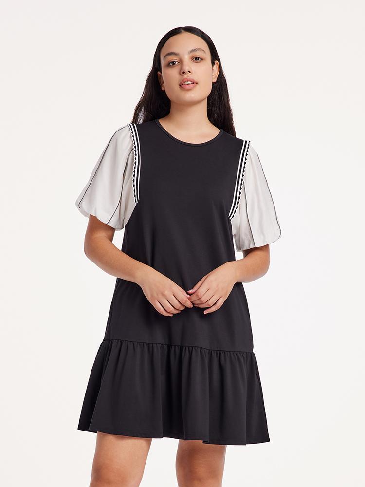 A-Shape Patchwork Puff Sleeve Mini Dress