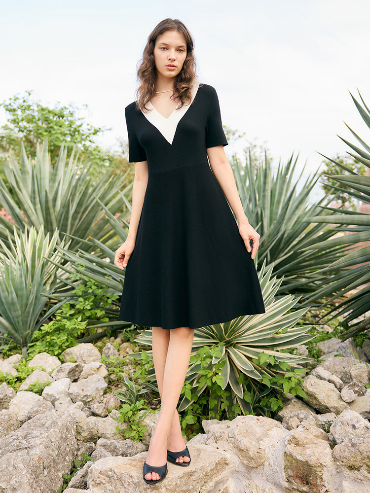 Contrast V-Neck Slim Knit Dress