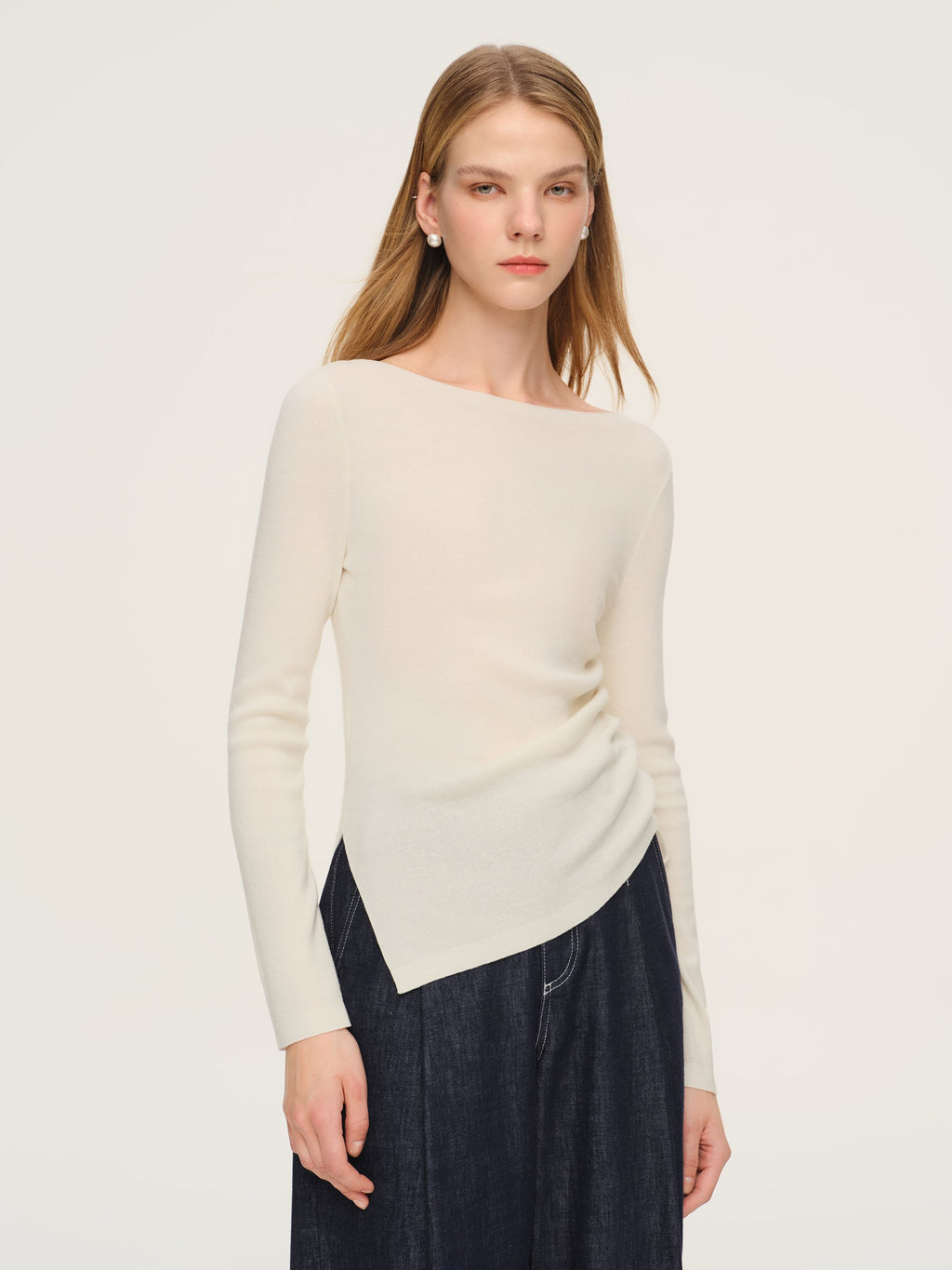 Wool Acetate Boat Neck Top