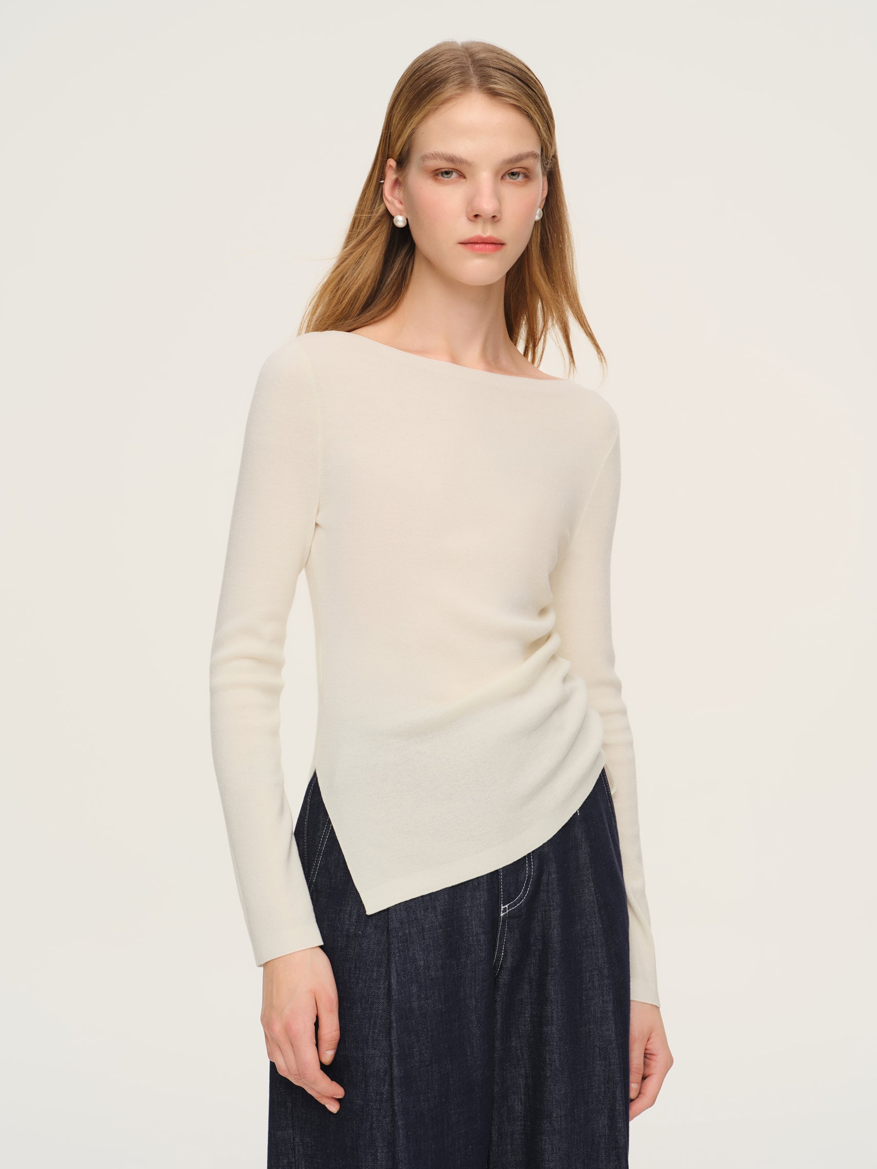 Wool Acetate Boat Neck Top