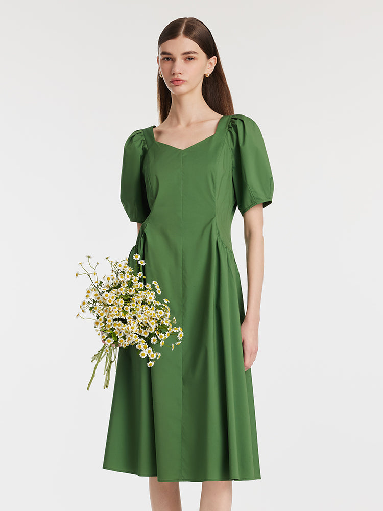 Cinched Puff Sleeve Green Dress