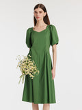 Cinched Puff Sleeve Green Dress