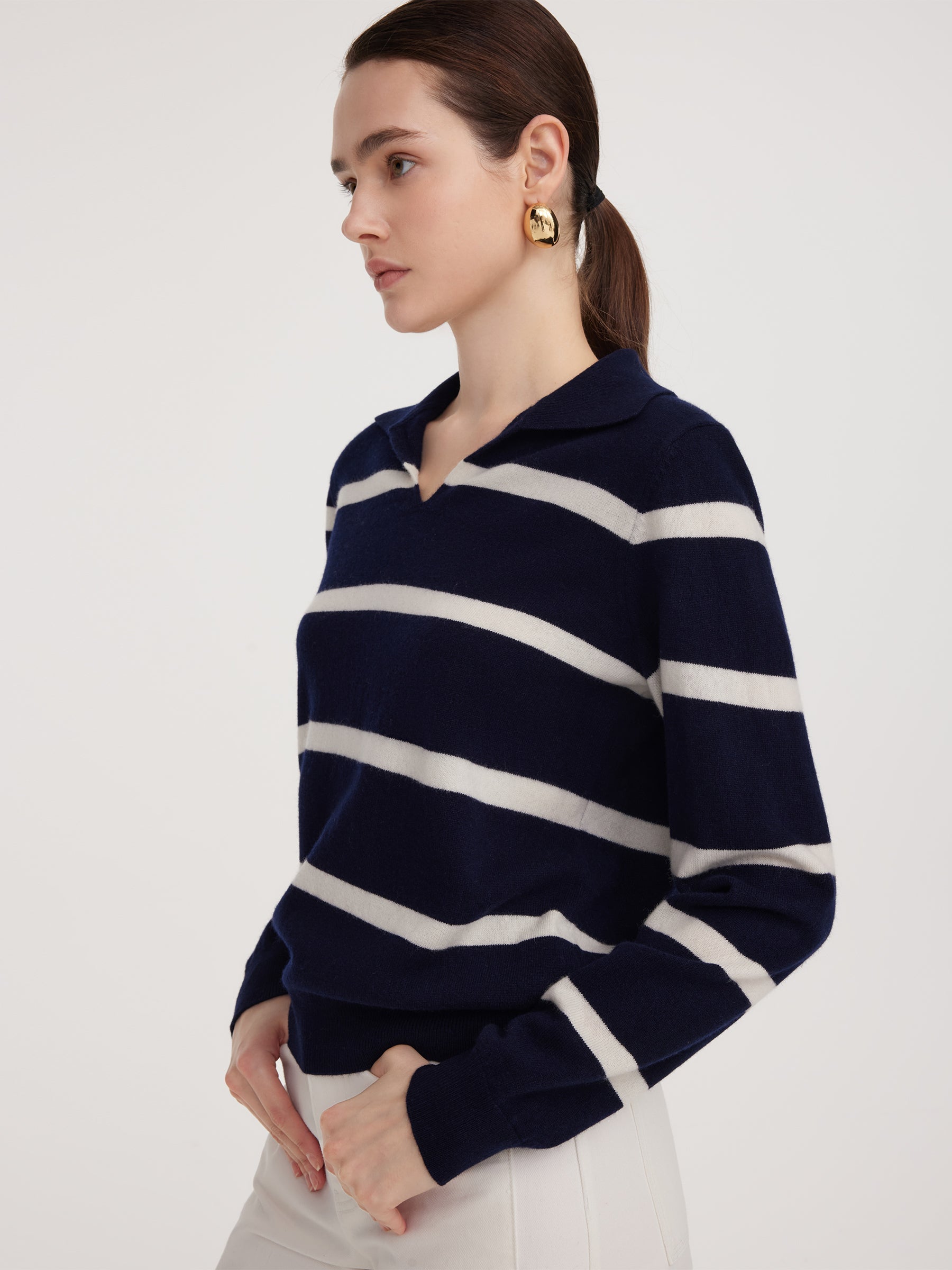 Wool Striped Polo Neck Sweater