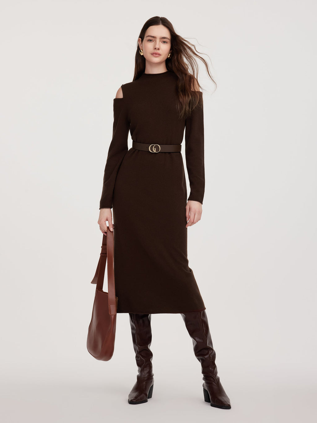 Wool Mock Neck Button-Shoulder Maxi Dress