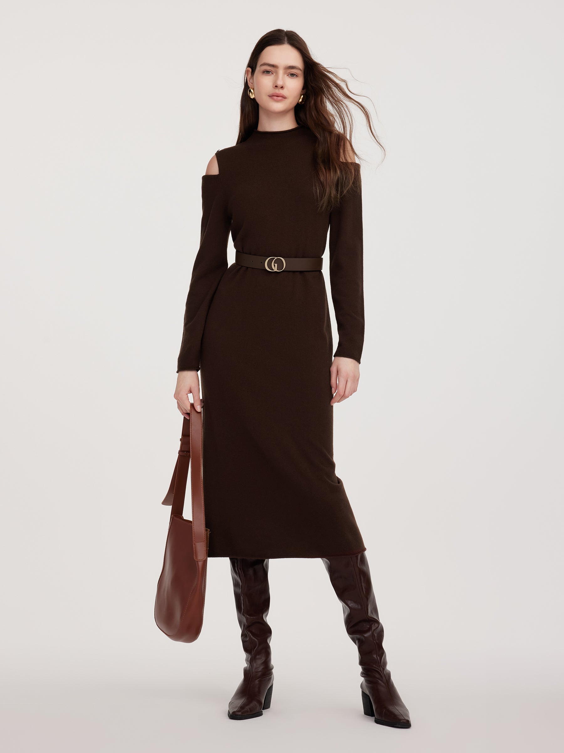 Wool Mock Neck Button-Shoulder Maxi Dress