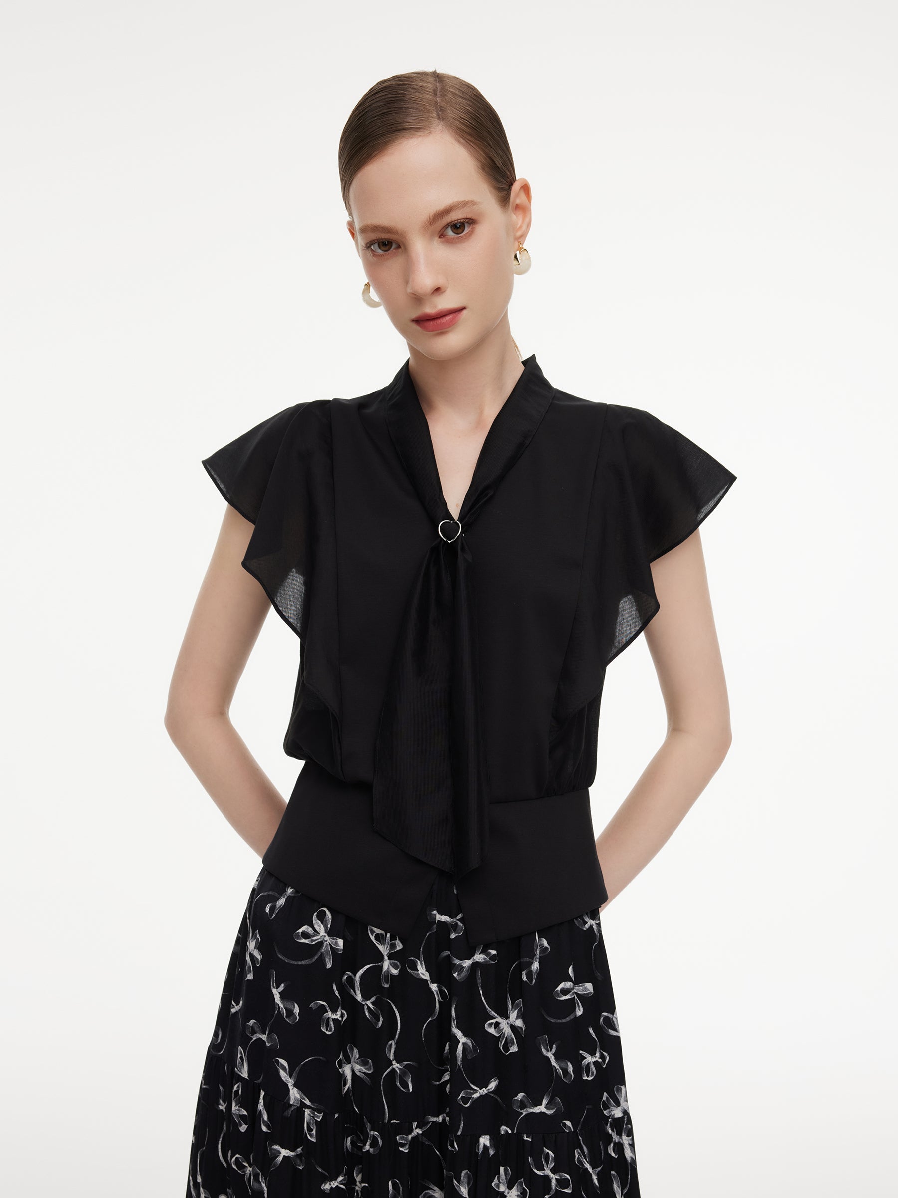 Ruffle Cap Sleeve V-Neck