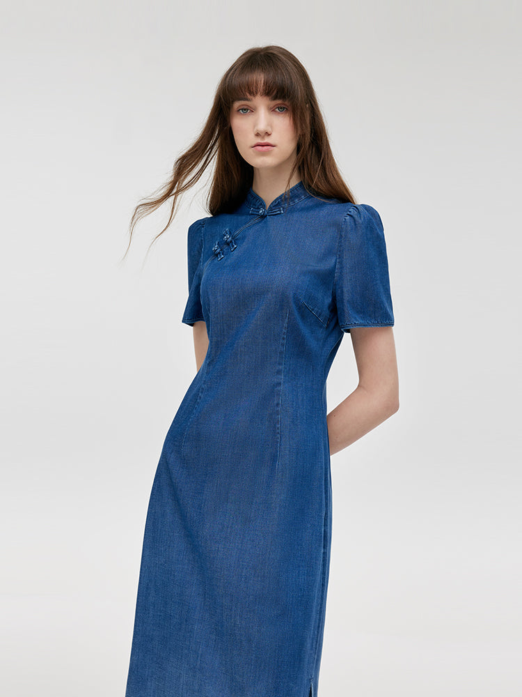 Gradient Denim Qipao Dress