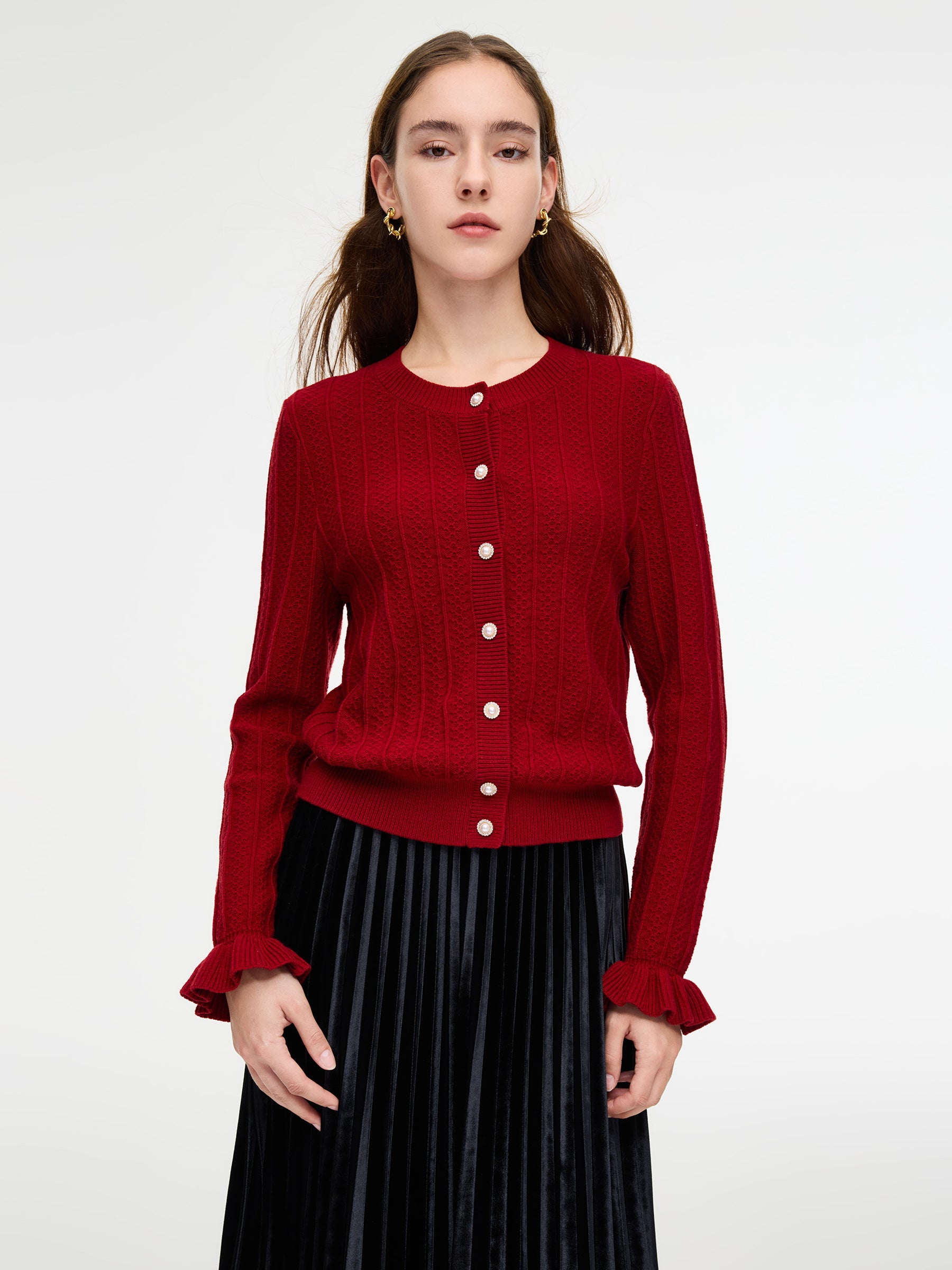 Tencel Wool Ruffle Cuff Cardigan