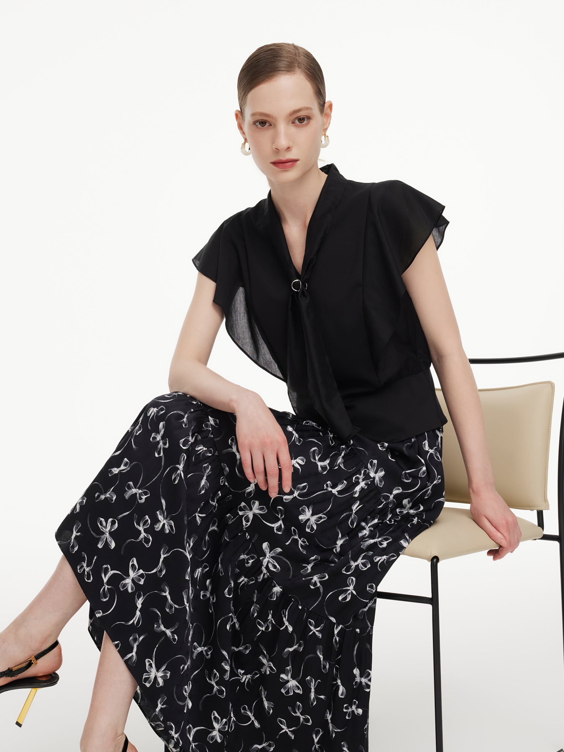 Ruffle Cap Sleeve V-Neck