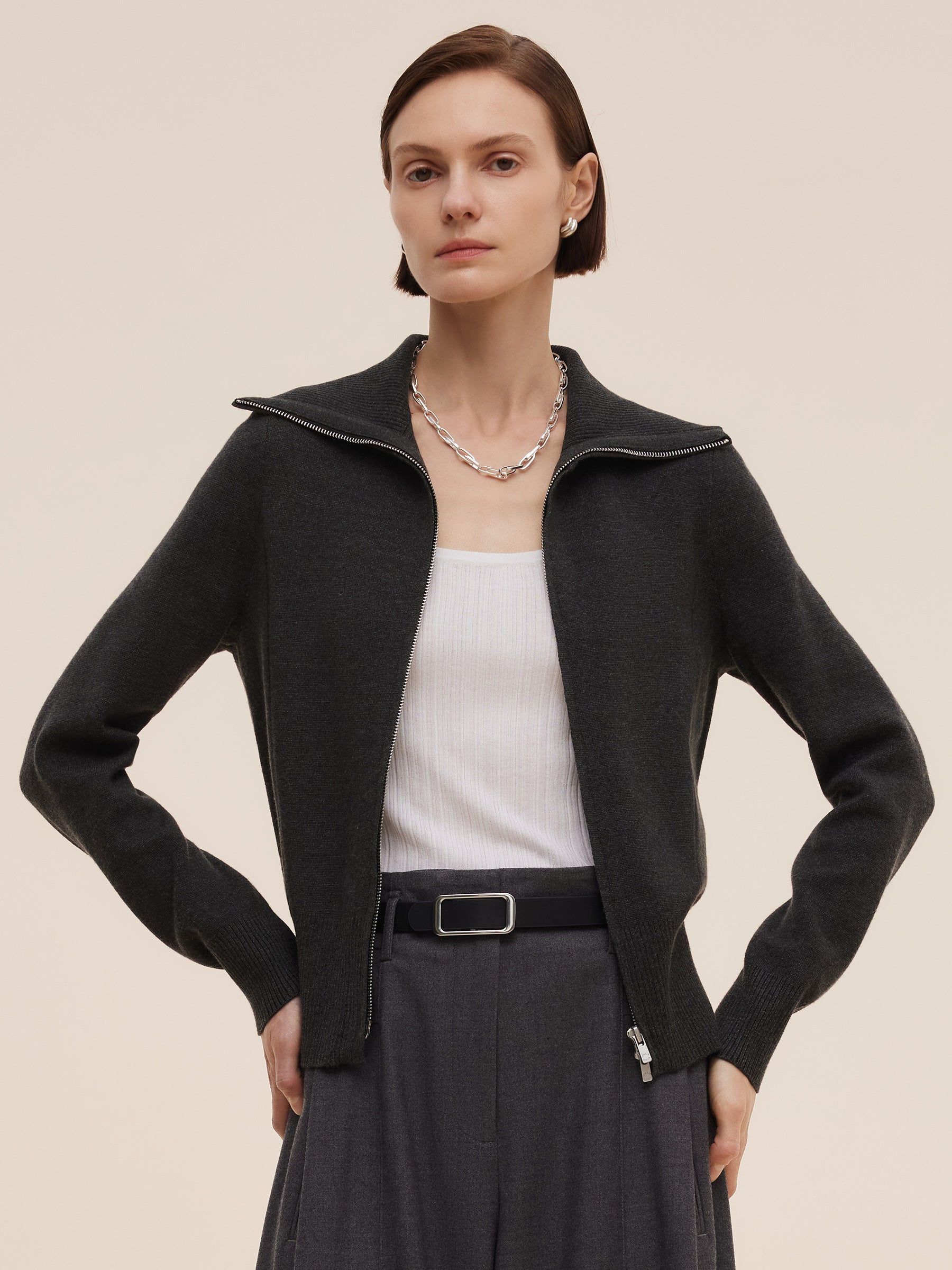 Wide Collar Zip Cardigan